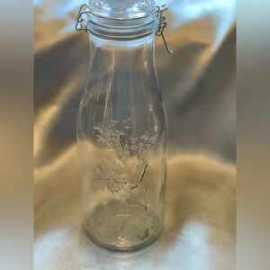 Clear Glass Clamp Bottle with lid and Floral Design NWOT